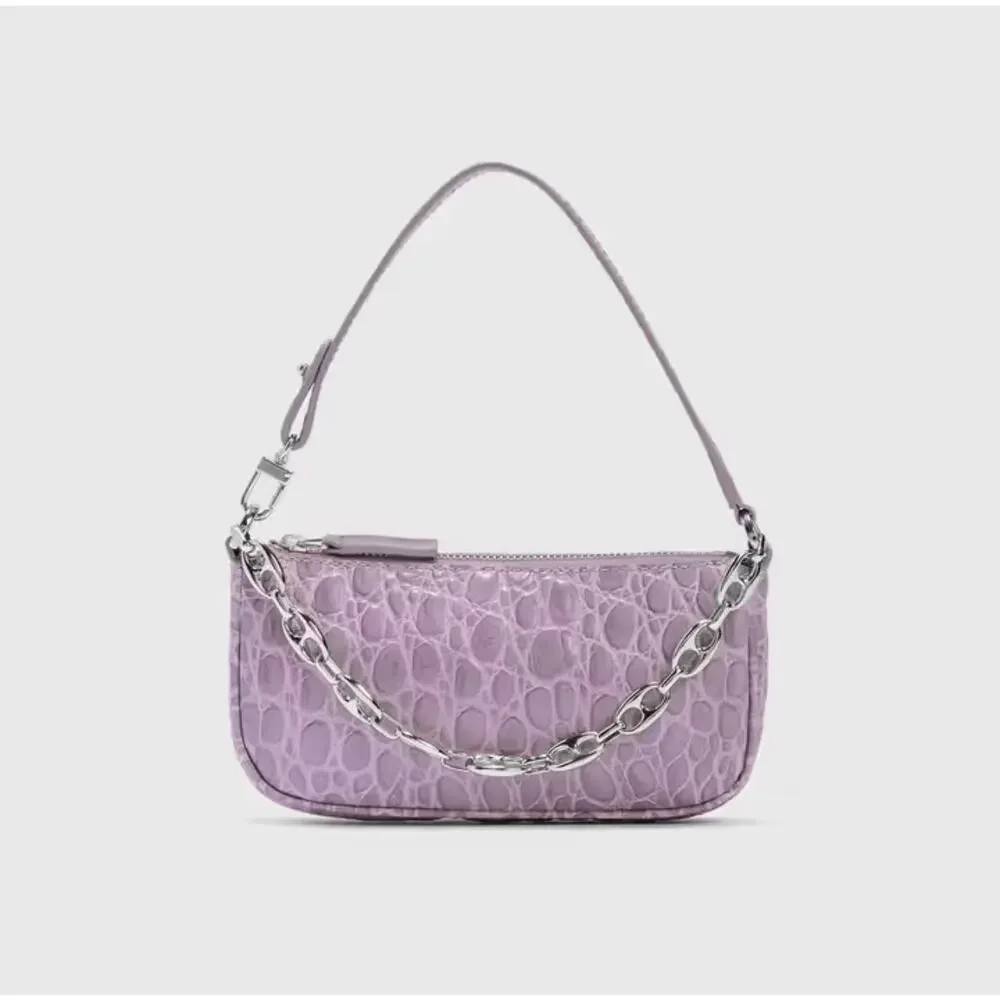 NWT By Far Rachel Mini Lilac Circular Crocodile Croc Embossed Leather Small Bag